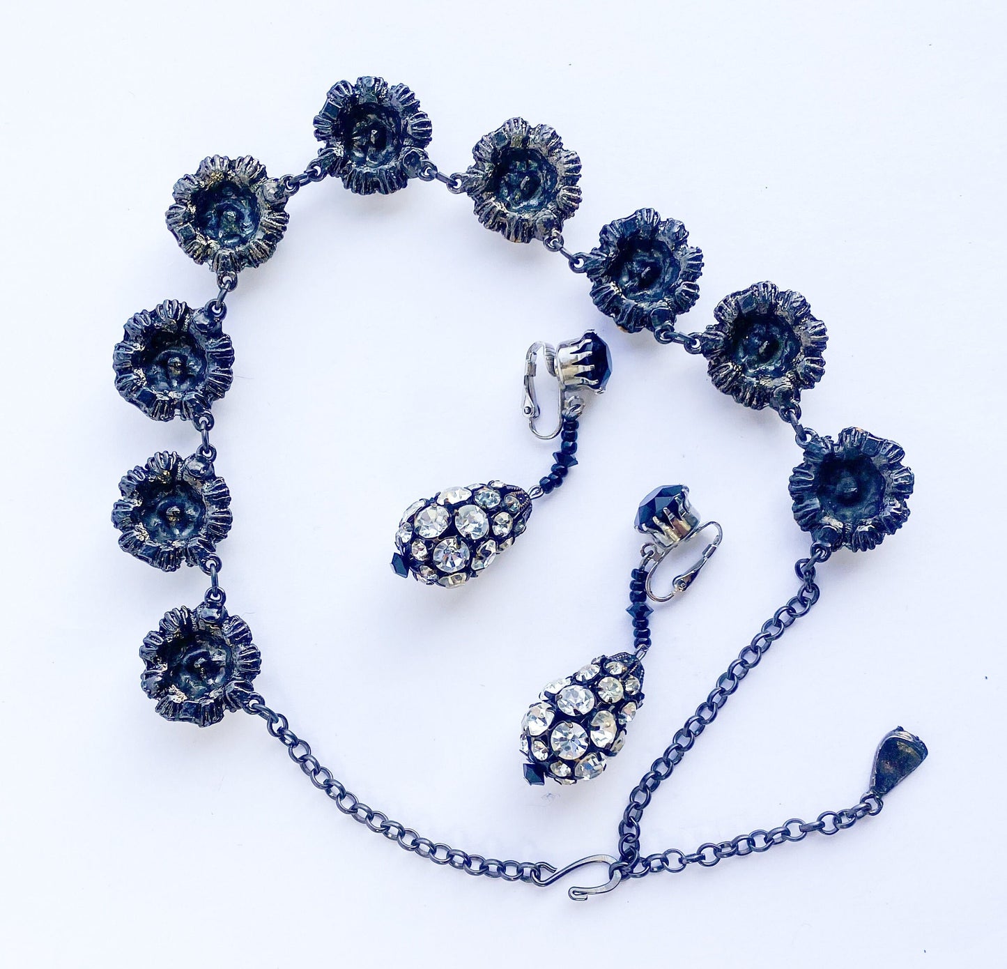 1950s Rhinestone Evening Necklace & Earrings Set | 50s Rhinestone Circles Necklace Drop Earrings | YOCHI N.Y.