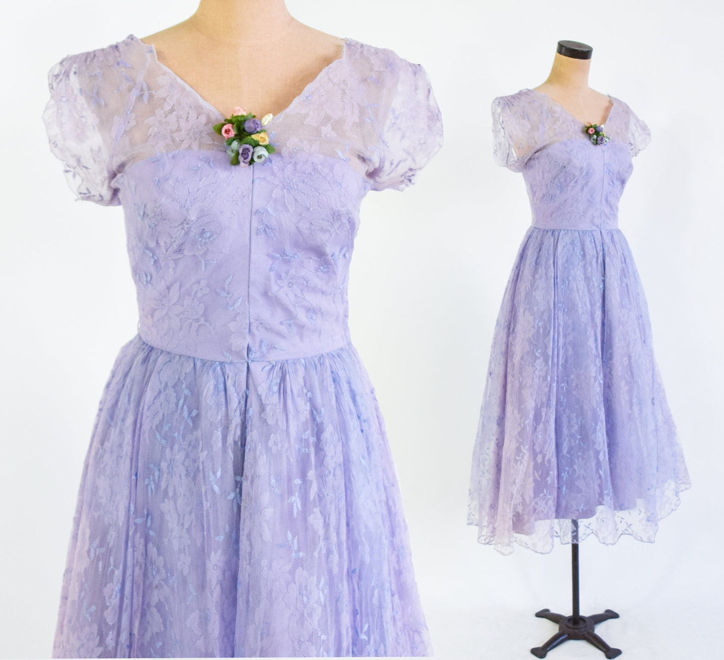 1940s Lavender Lace Cocktail Dress, Medium