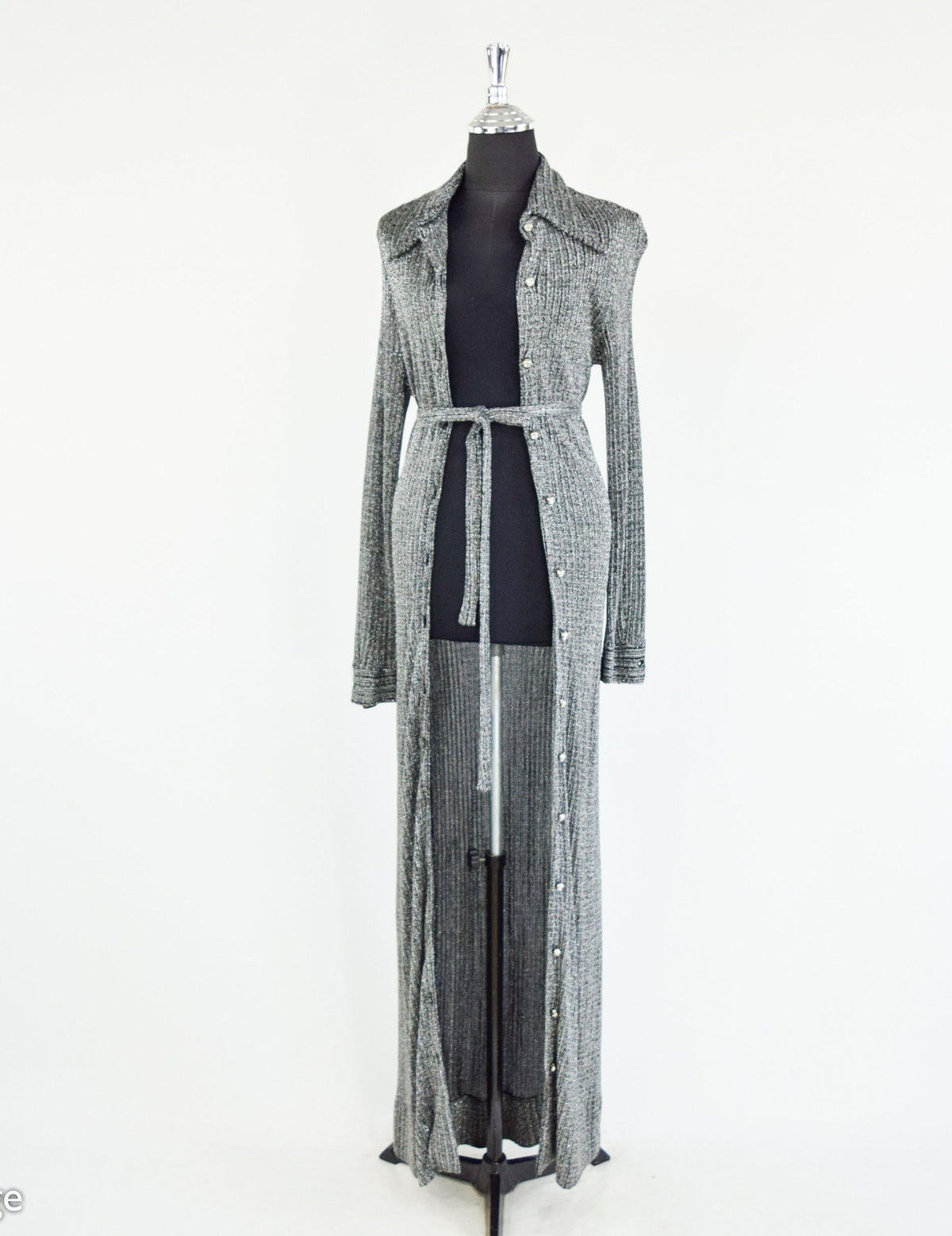 1970s Vintage Silver Knit Maxi Dress | Rhinestone Button, Tie Waist, Small