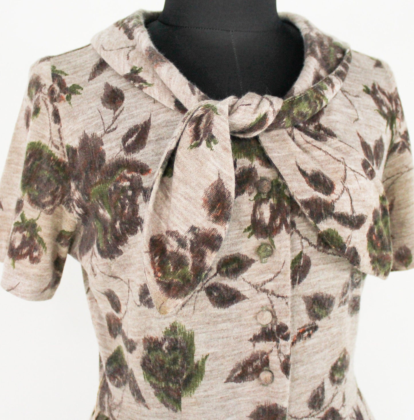 1950s Beige & Brown Floral Print Wool Dress, Small