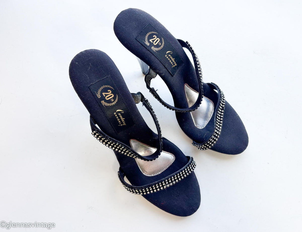1950s Black Rhinestone Strappy Heels Sandals, US 8
