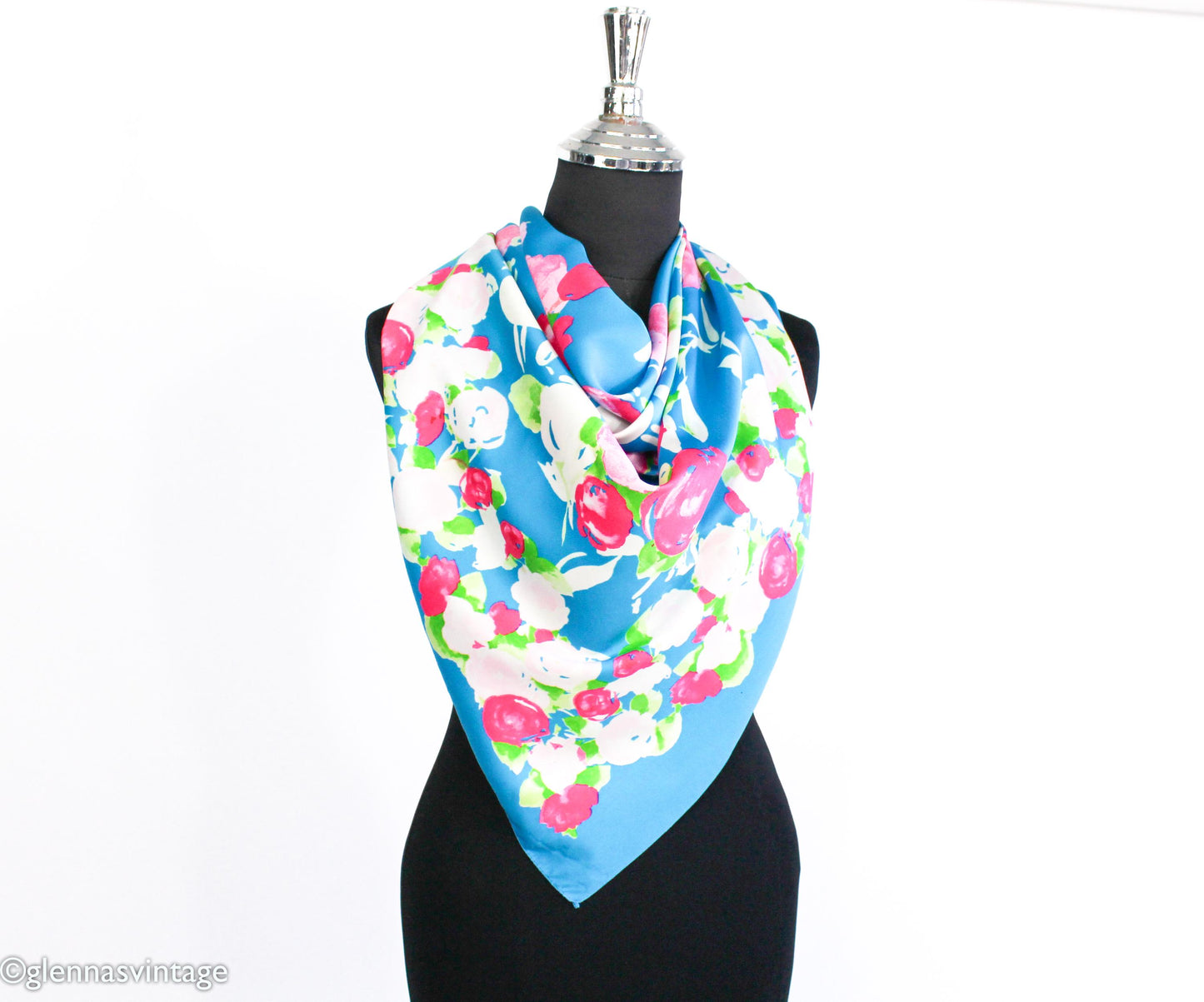 1980s Blue Floral Pattern Scarf