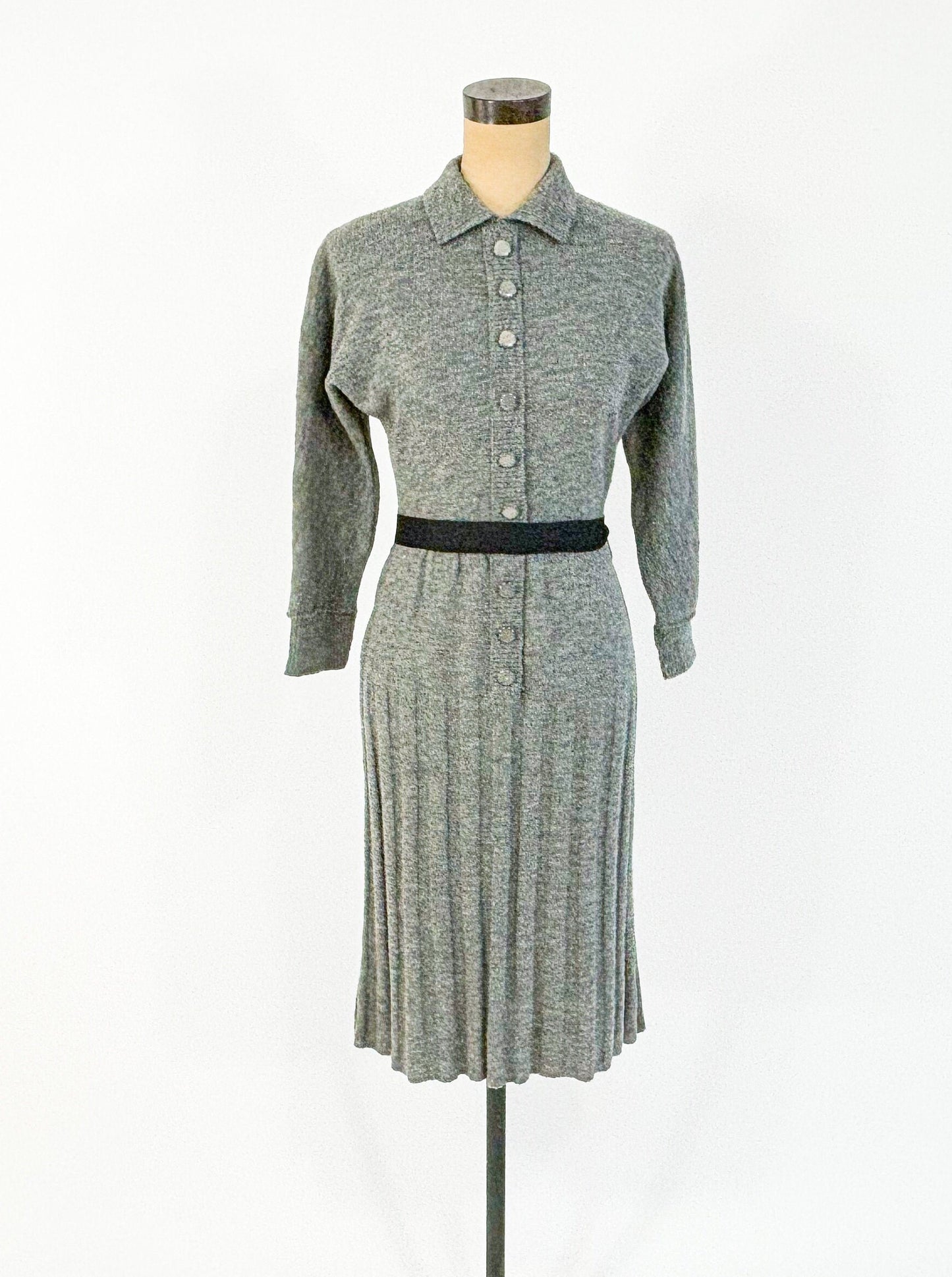 1940s Gray Knit Secretary Dress | 40s Gray Knit Dress | Barbara Carol | Small