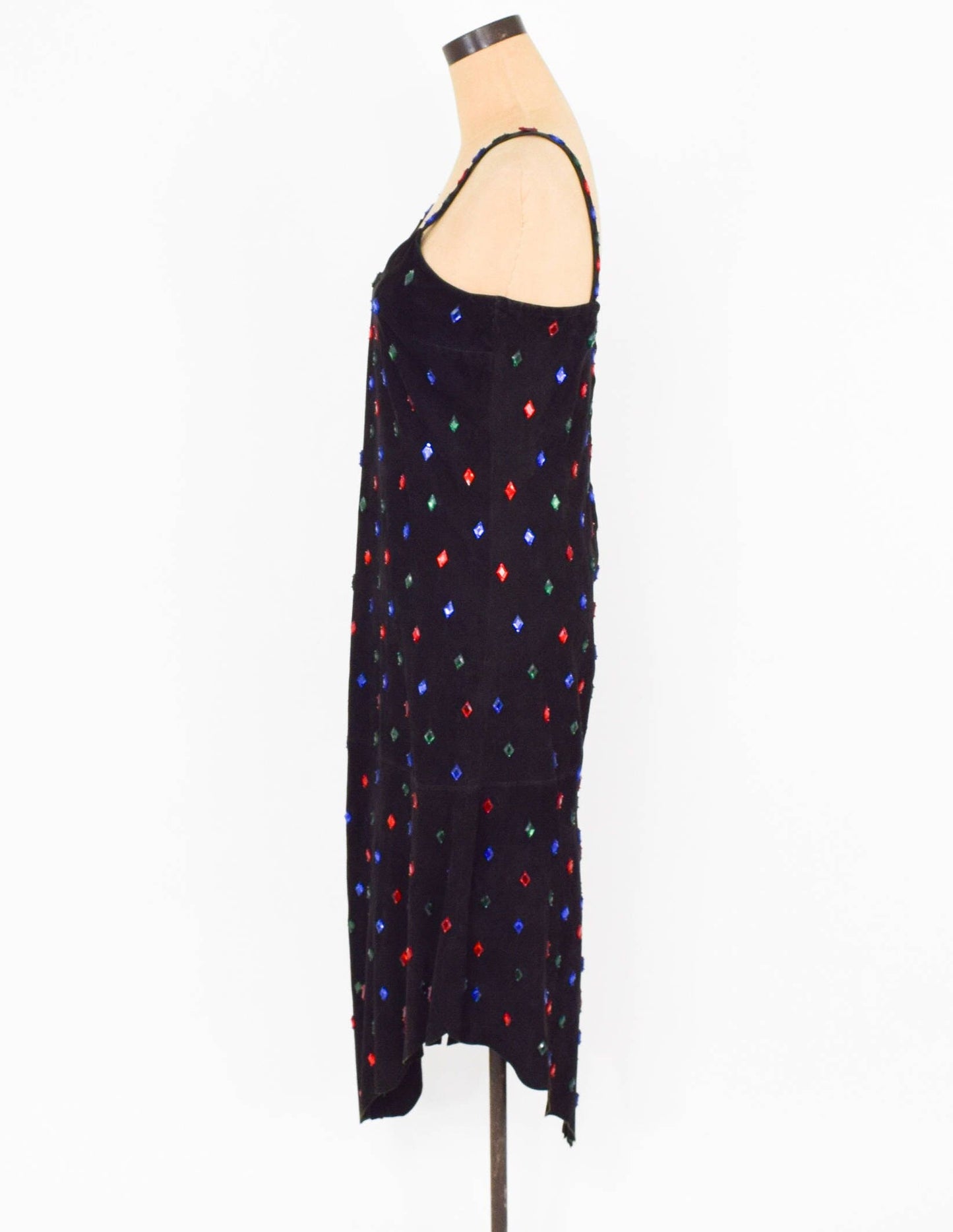 1980s Beaded Black Suede Leather Slip Dress, Medium