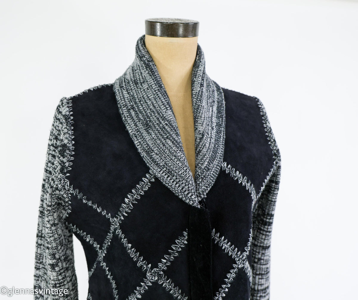 1970s Black Suede Patchwork Knit Jacket with Shawl Collar, Large