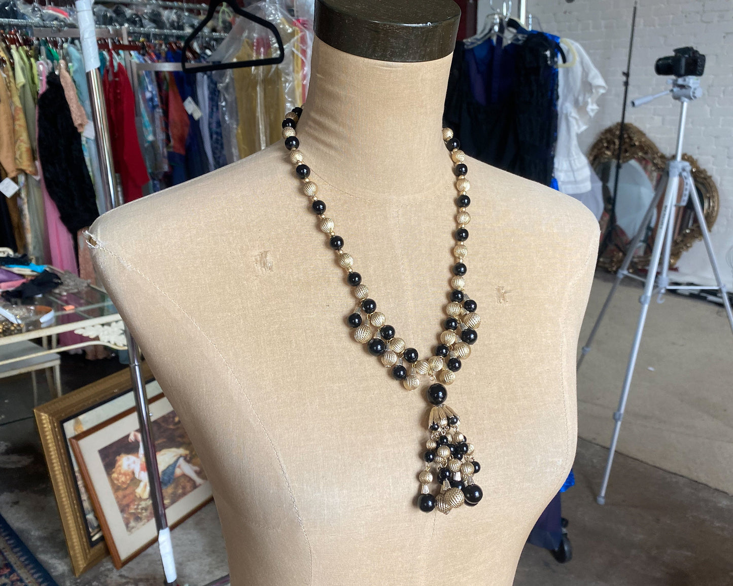 1960s Black & Gold Ball Necklace and Earrings Set