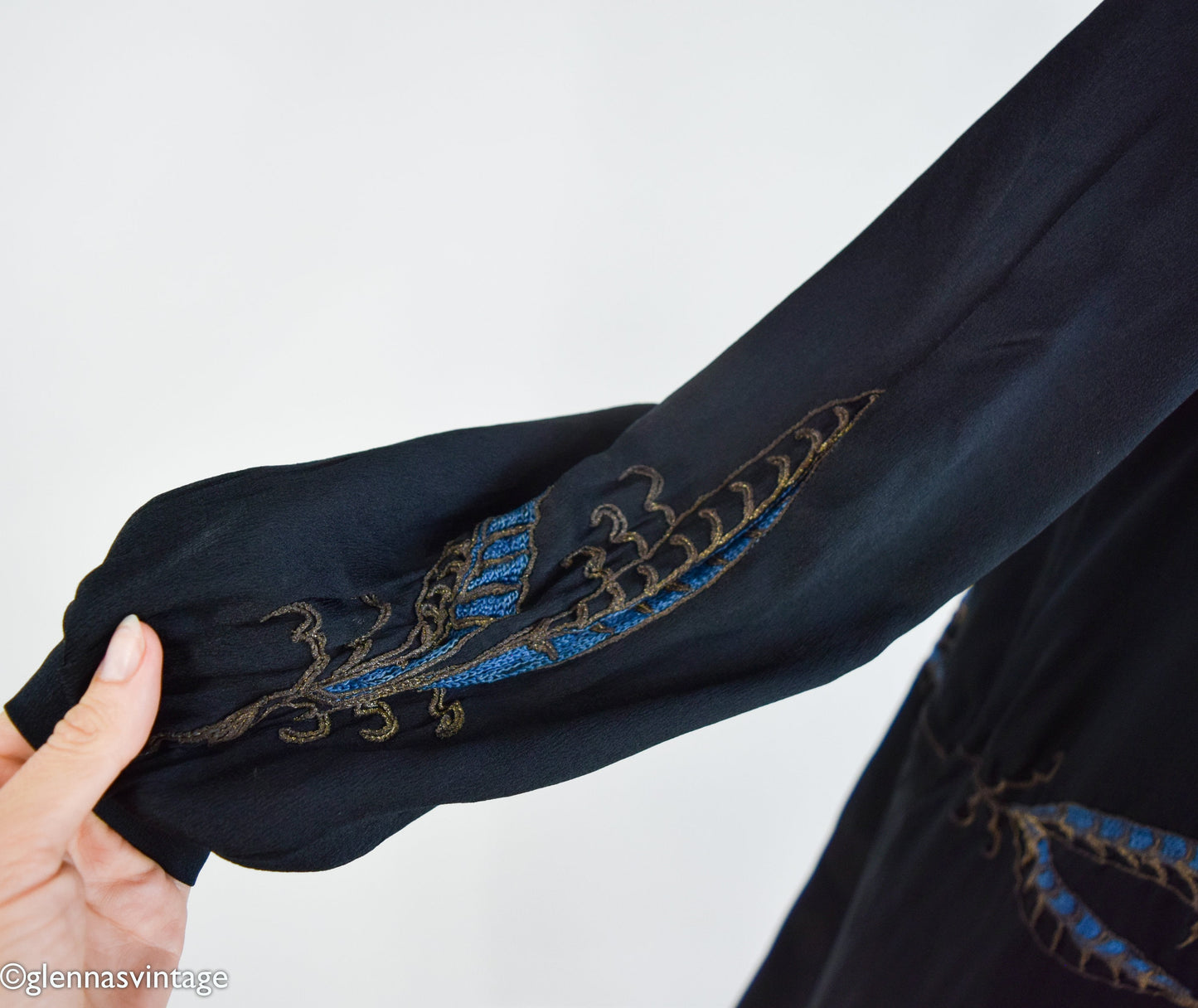 1920s Art Deco Black Silk Dress | Embroidered Drop Waist, Medium