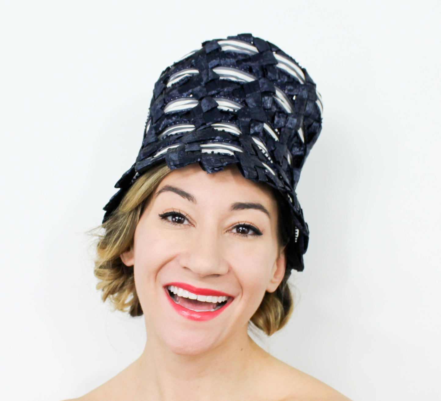 1960s Mr. John Jr. Navy Raffia High Crown Hat