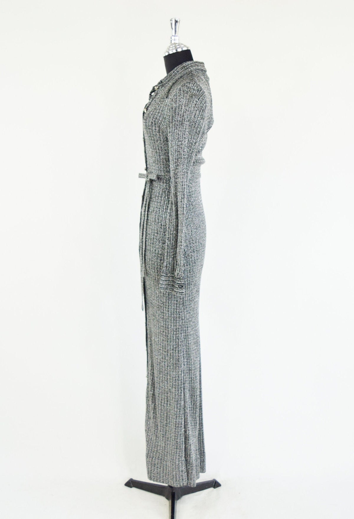 1970s Vintage Silver Knit Maxi Dress | Rhinestone Button, Tie Waist, Small