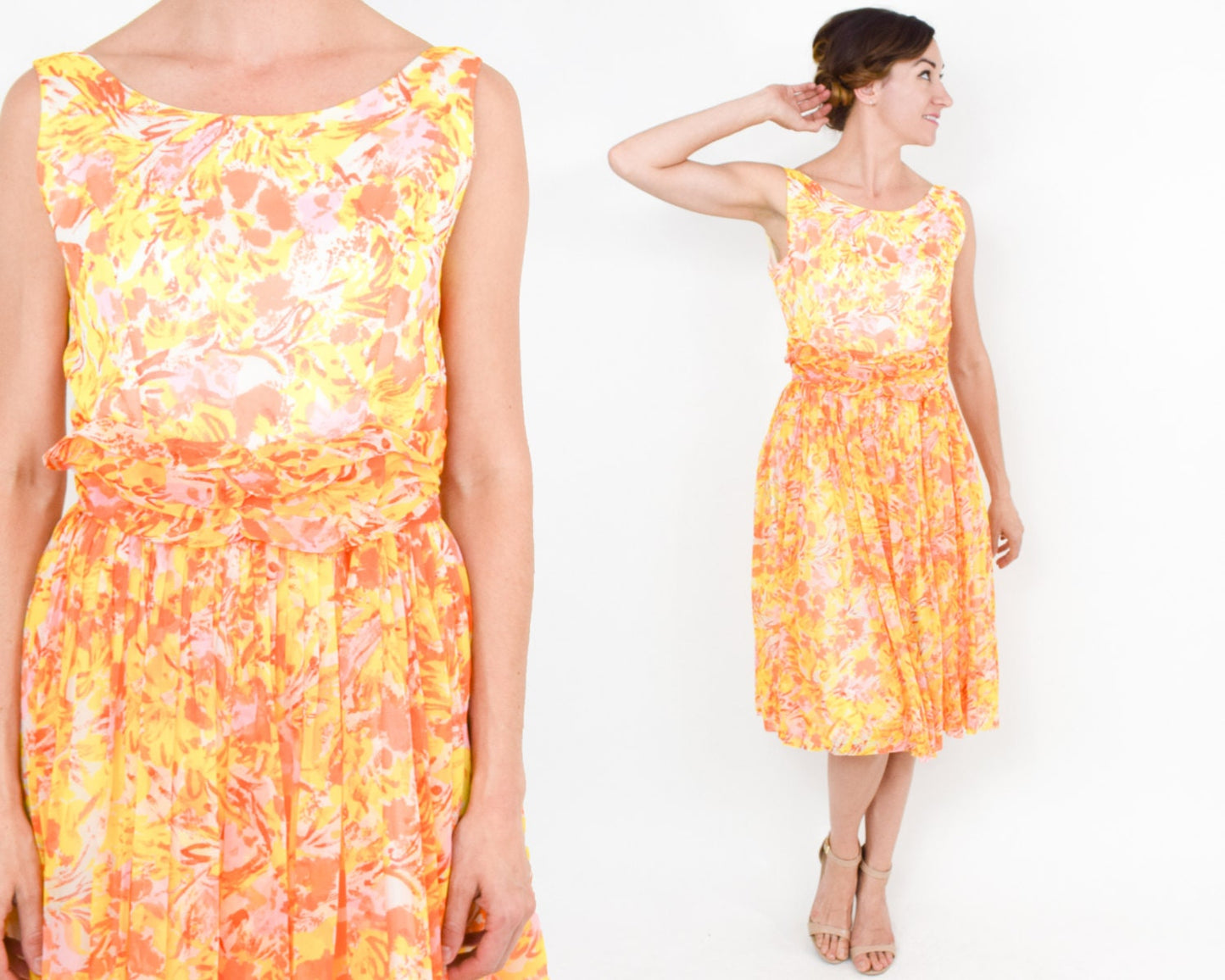 1950s Yellow Flowered Chiffon Dress | 50s Yellow & Orange Floral Dress | Small