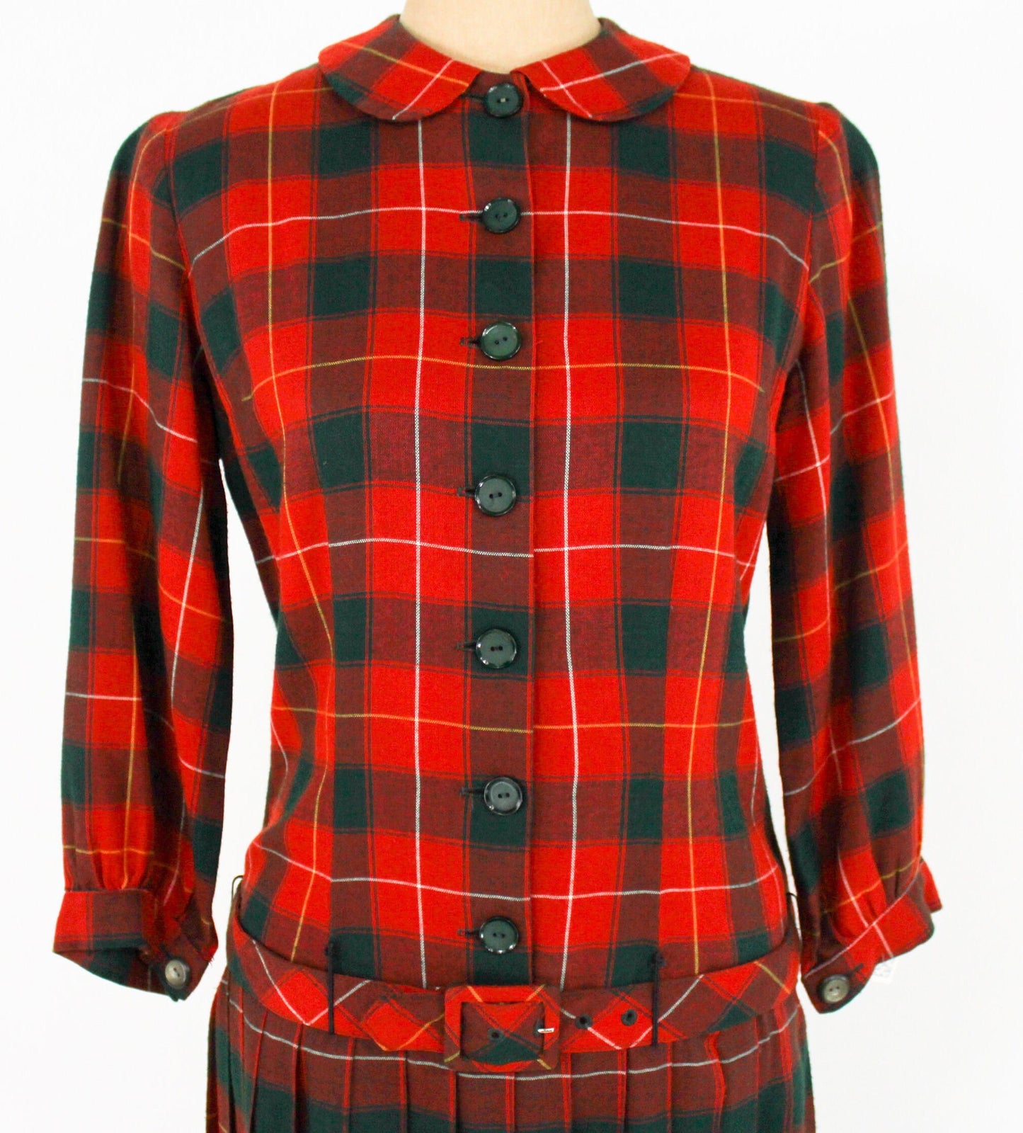 1960s Red Plaid Wool Dress with Peter Pan Collar, Bobbie Brooks, Medium