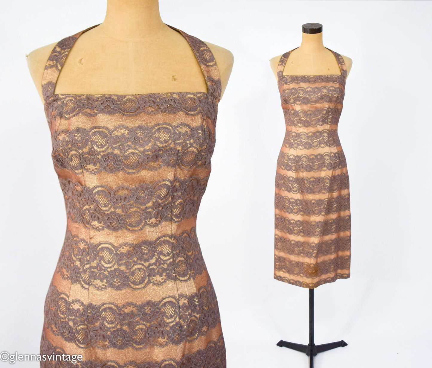 1950s Gold Lame & Brown Lace Sheath, Small