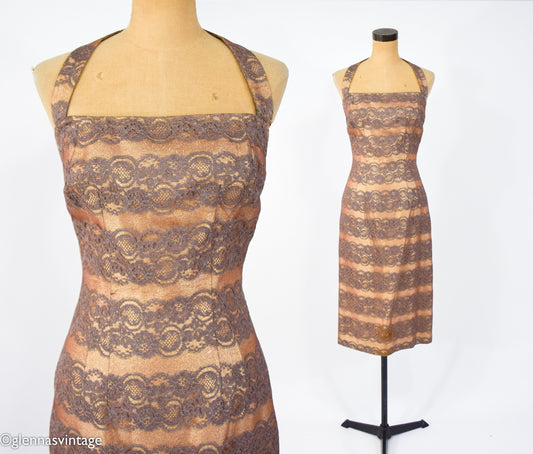 1950s Gold Lame & Brown Lace Sheath, Small