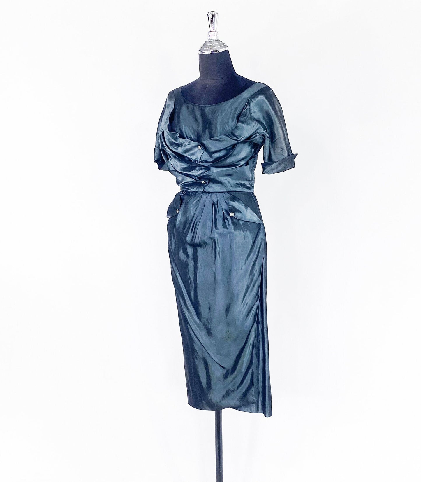 1950s Blue Gray Taffeta Cocktail Dress, Cadillac Original, Small