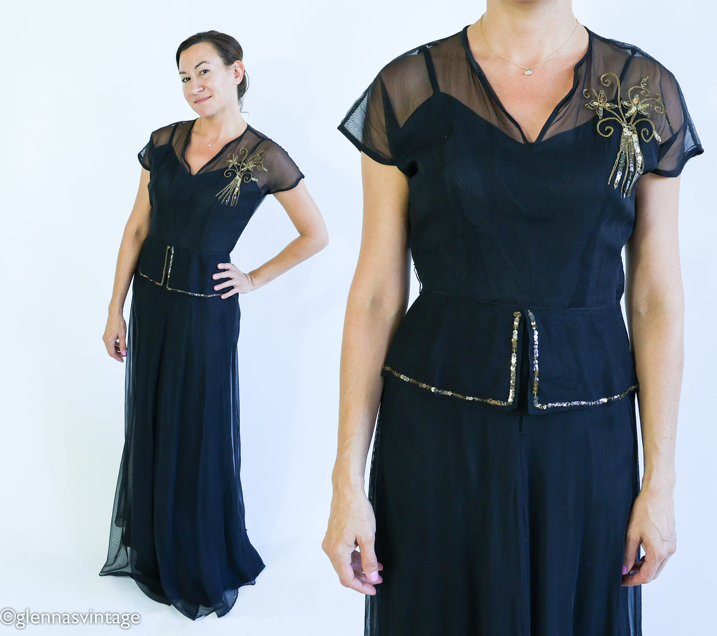1940s Black Crepe Evening  Dress | 40s Black Sheer Sequin Formal Dress l Medium