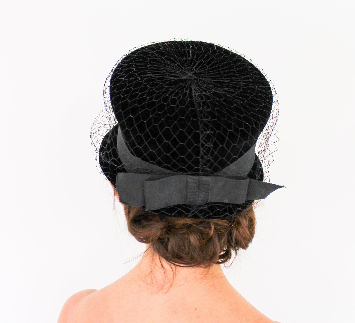 1960s Black Velvet High Crown Hat, Jackie O Style