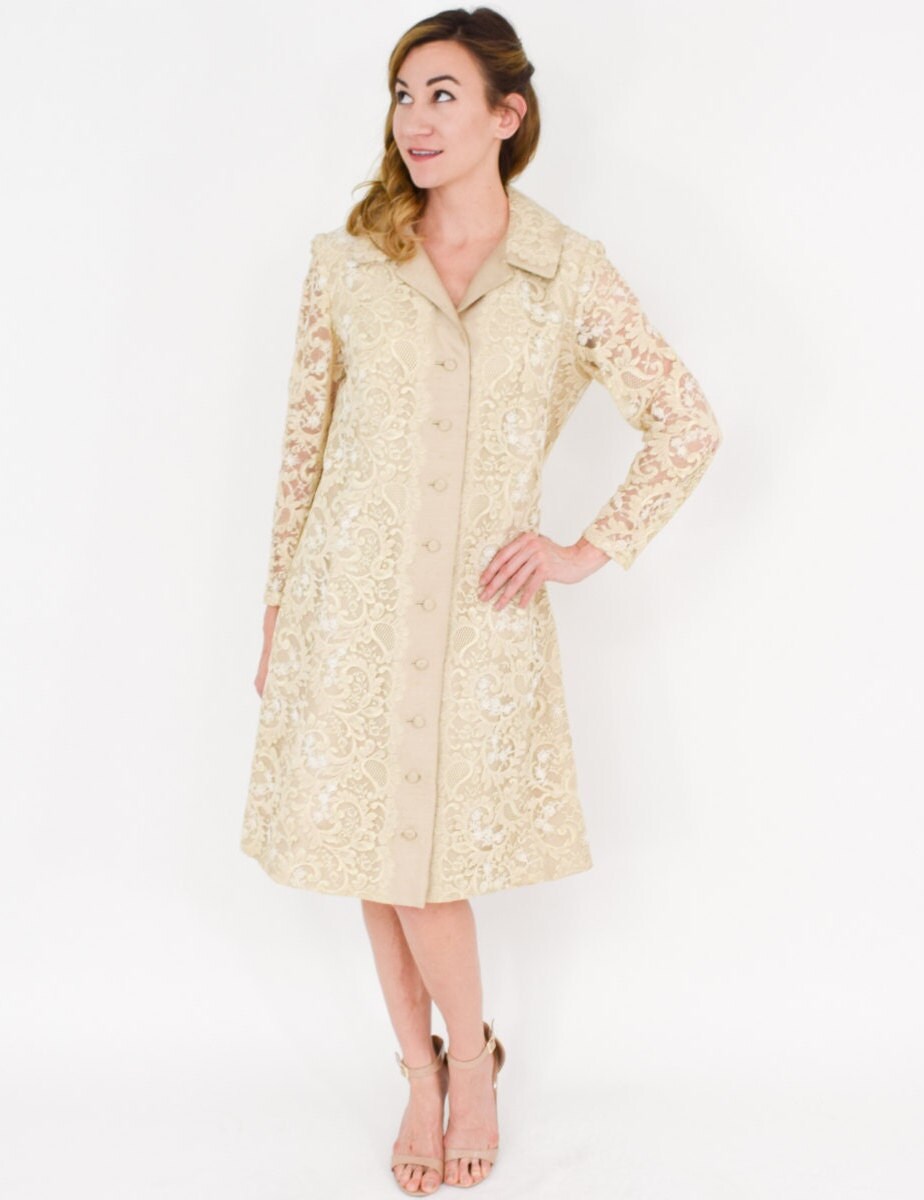 1960s Beige Lace & Silk Shantung Wedding Dress & Coat Set, Medium