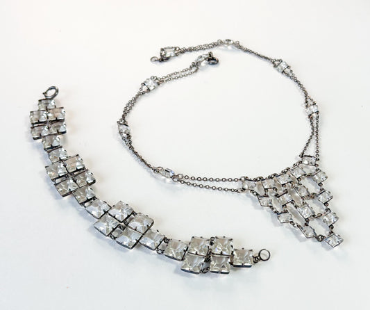1930s Vintage Art Deco Crystal Bracelet or Necklace, Sterling Silver Setting