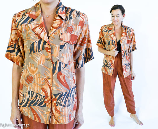 1980s Brown Tropical Print Silk Top Pant Set, Medium