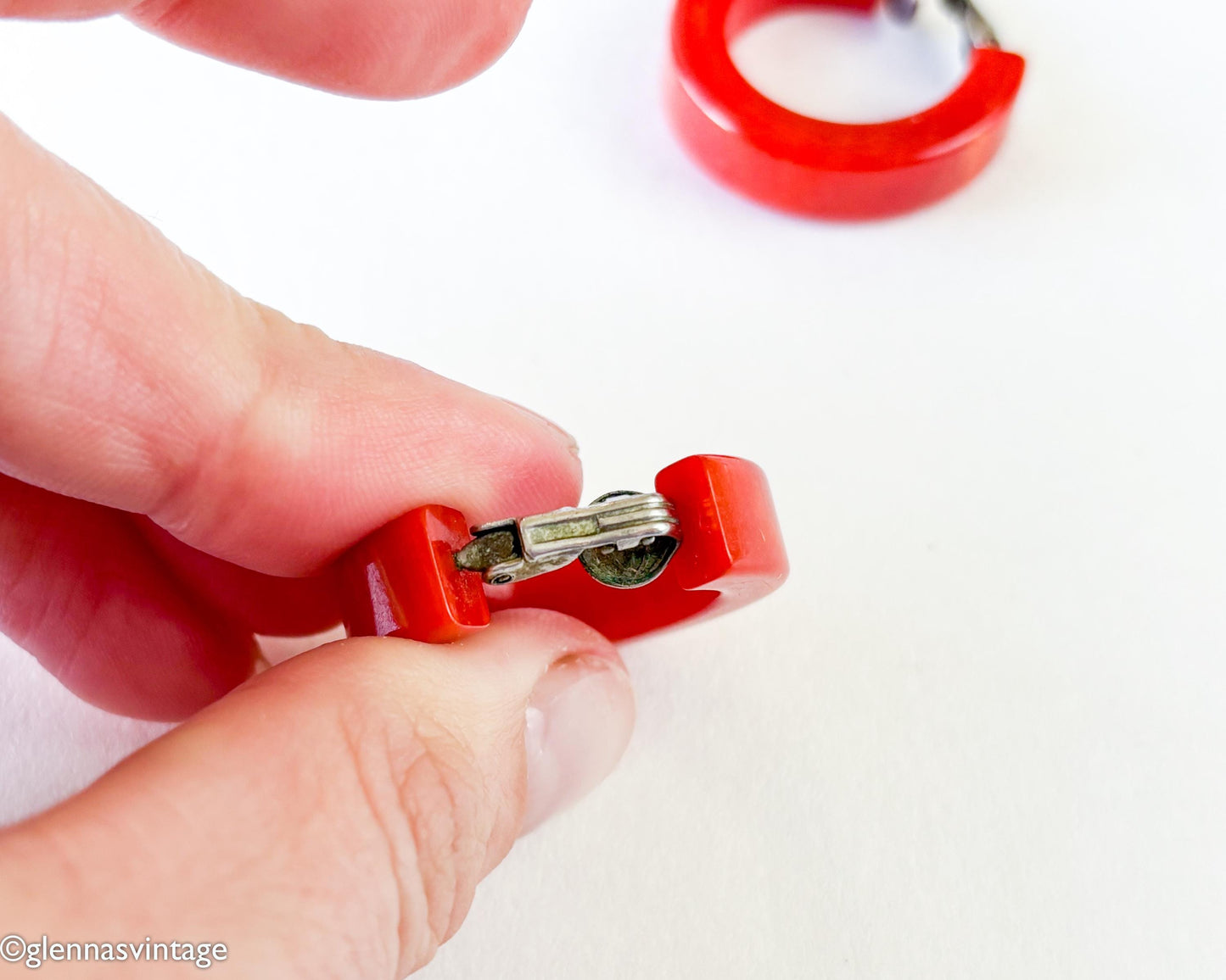 1940s Red Bakelite Earrings | Red Hoop Plastic Clips