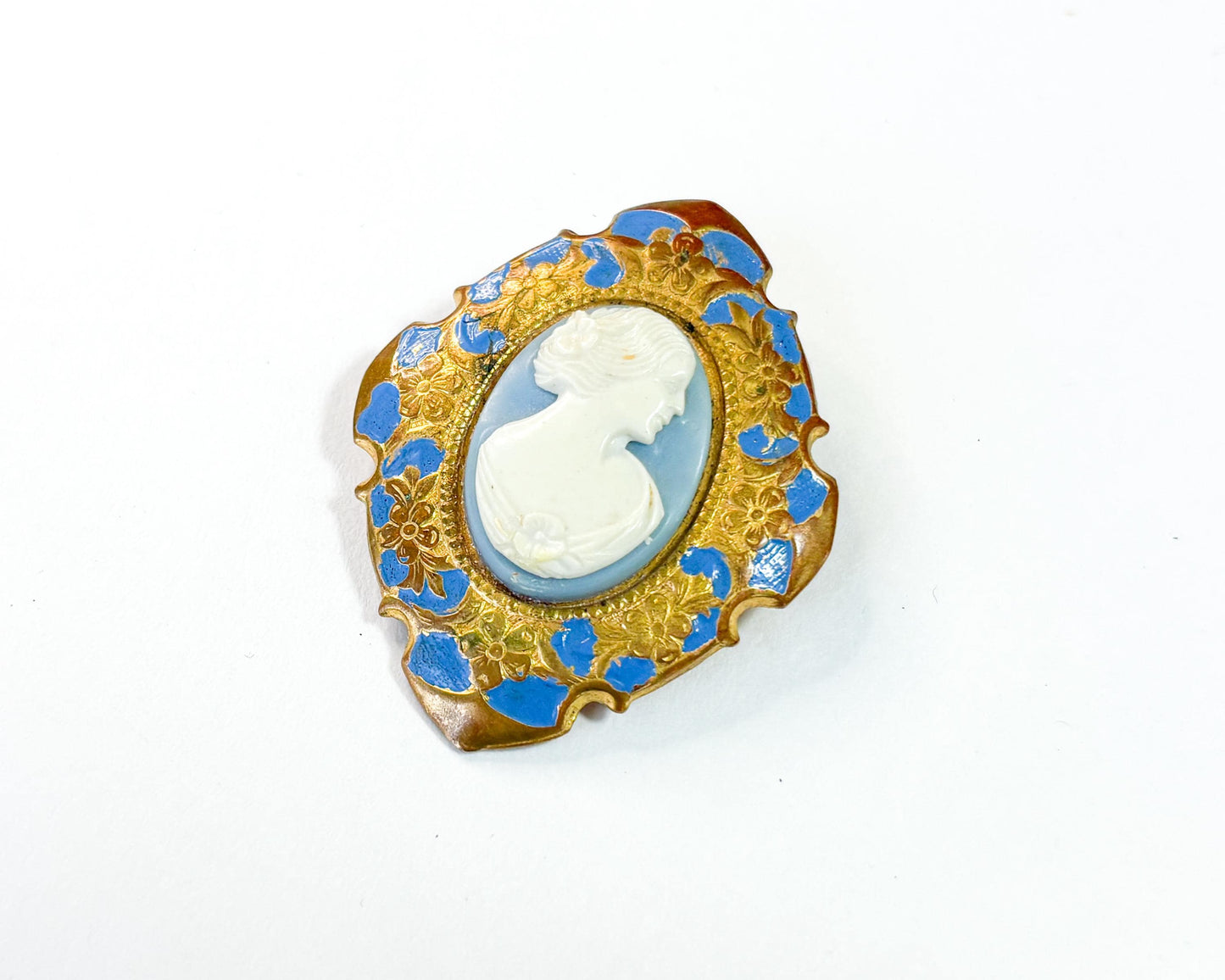 1930s White Blue Vintage Cameo with Brass & Enamel Frame
