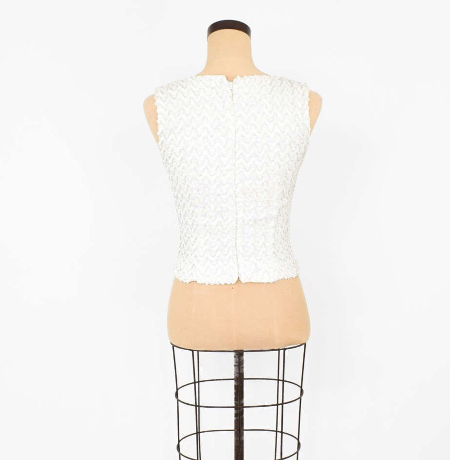 1950s White & Silver Sequin Top | 50s White Sleeveless Sequin Knit Top | Small