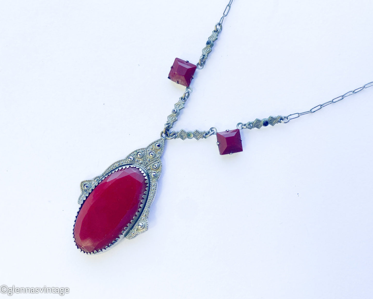 1920s Art Deco Red  Necklace | Red Faceted Glass Pendant
