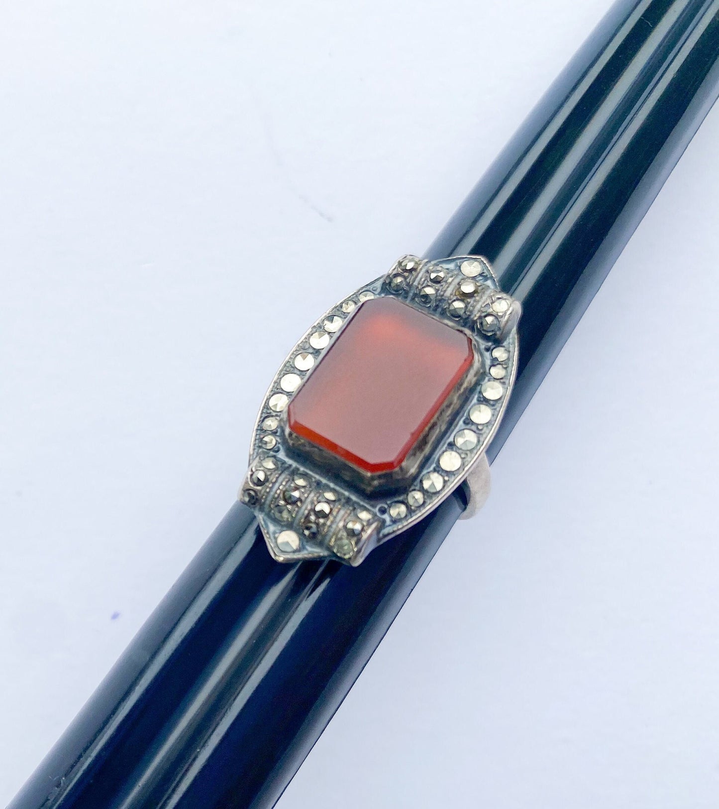 1940s Art Deco Carnelian Marcasite Sterling Silver Ring,Size 5 3/4