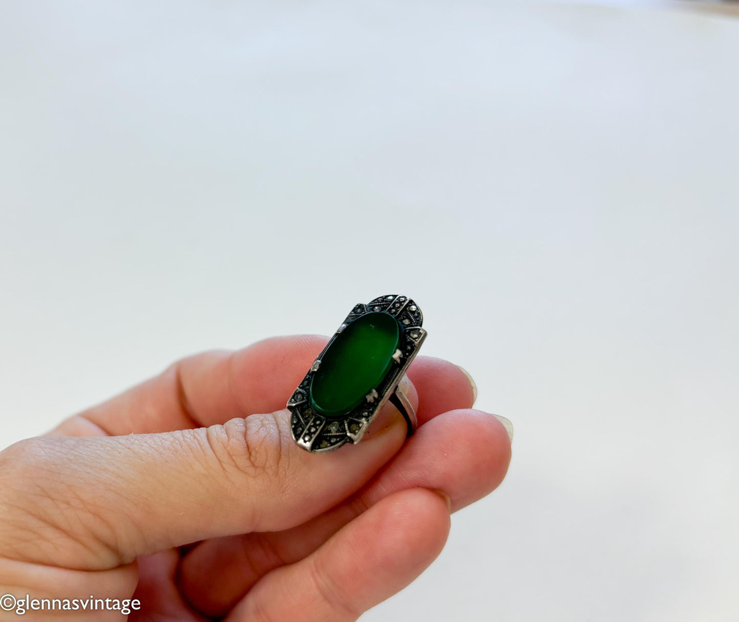 1930s Art Deco Green Onyx Sterling Silver Marcasite Ring, Size 5 3/4