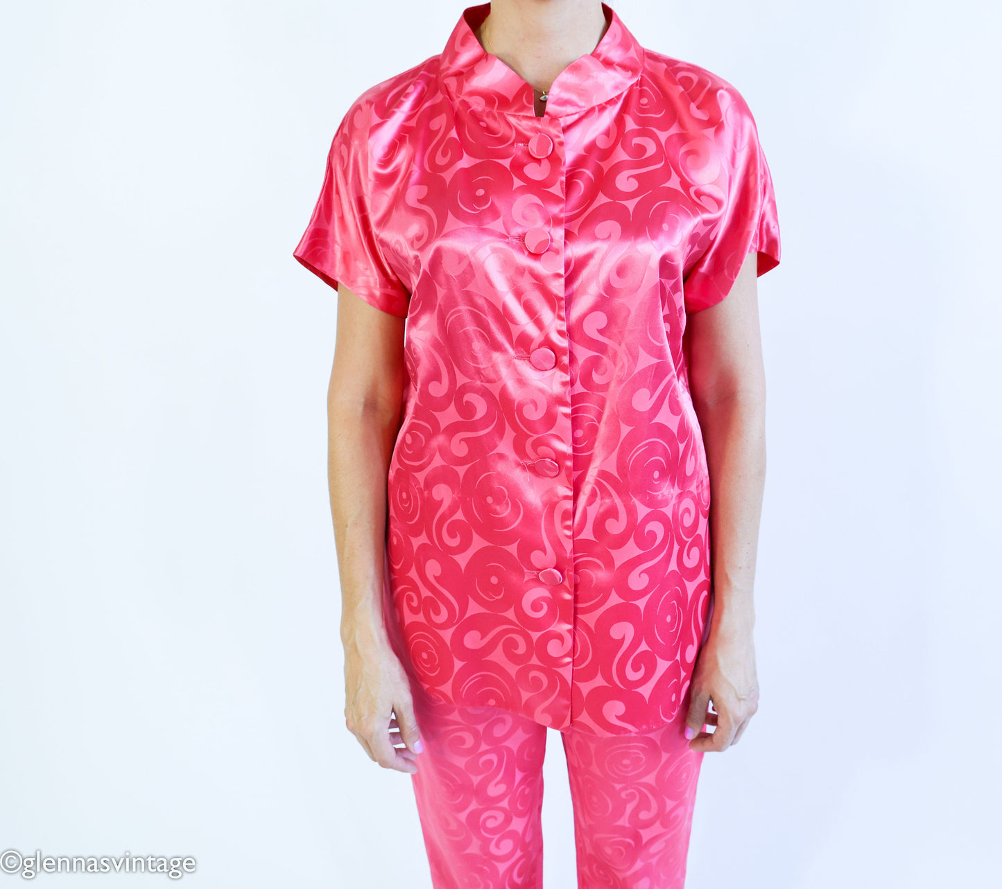 1960s Pink Satin Pajamas, Top & Pants Set, Medium