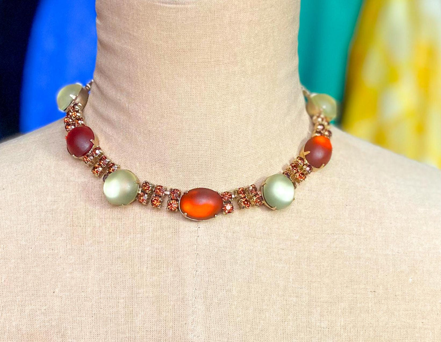 1960s Orange Brown & White Glass Necklace | 60s Frosted Glass Choker
