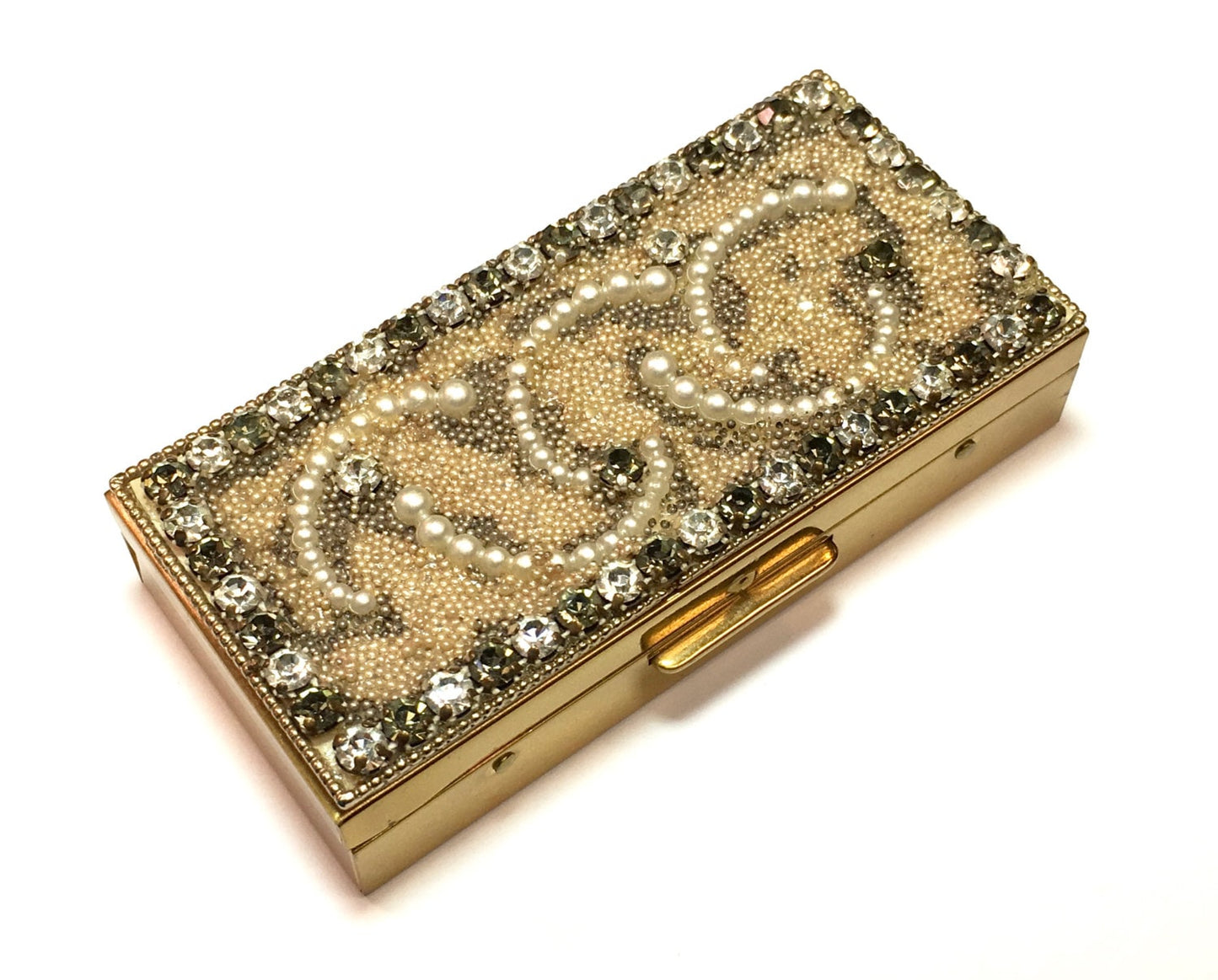 1950s Gold Cigarette Case | 50s Pearl Rhinestone & Gold Case | Vanity Case