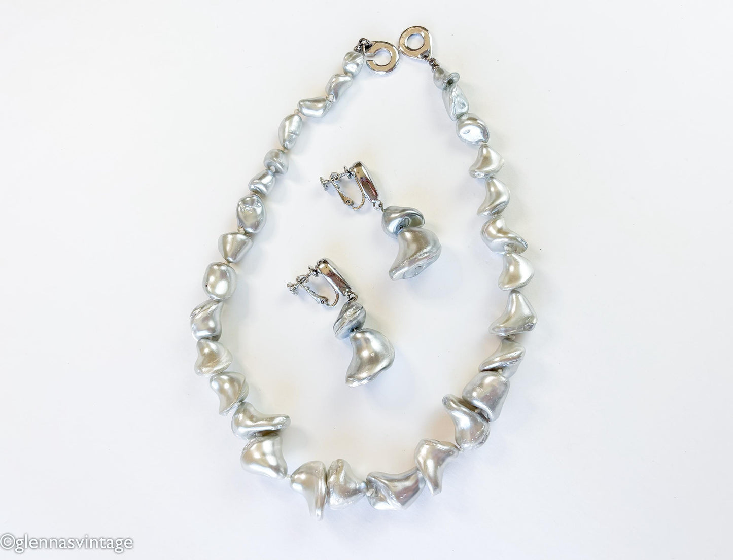 1950s Vintage Les Bernard Gray Faux Pearl Necklace and Earrings Set
