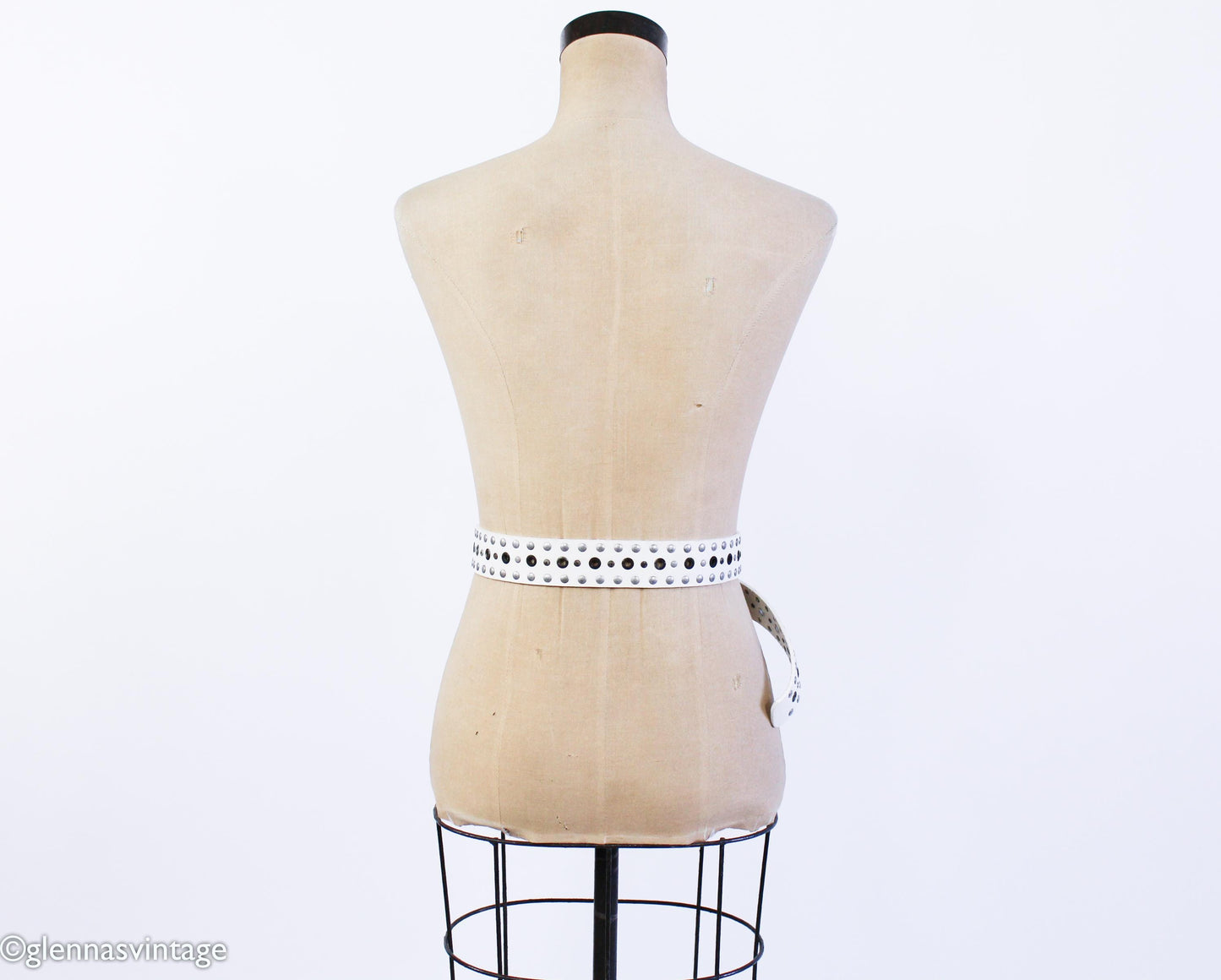 1980s White Leather Rivet Belt with Silver Buckle, Medium