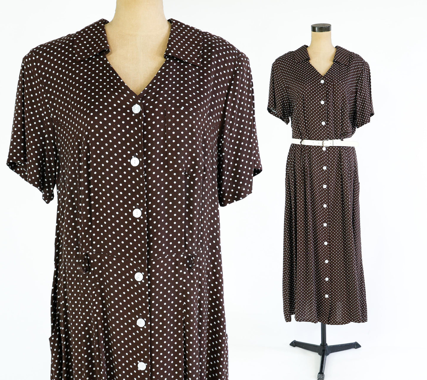 1990s Brown Polka Dot Maxi Dress, Plus Size Size 16W