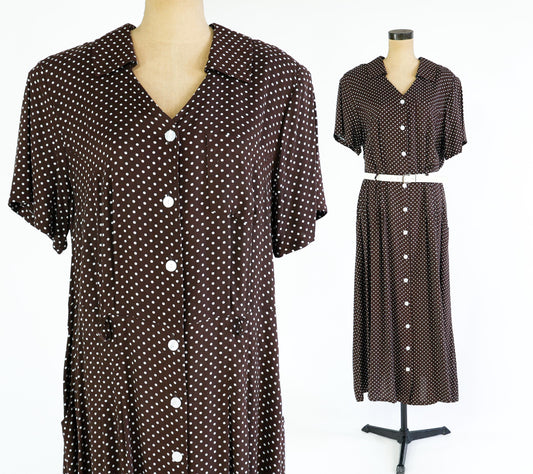1990s Brown Polka Dot Maxi Dress, Plus Size Size 16W