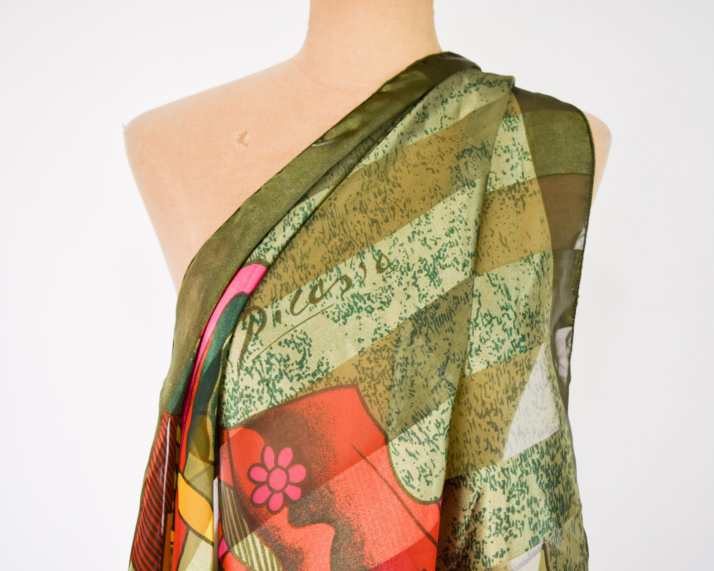 1980s Picasso Green Scarf | 80s Olive Green Print Scarf | Picasso