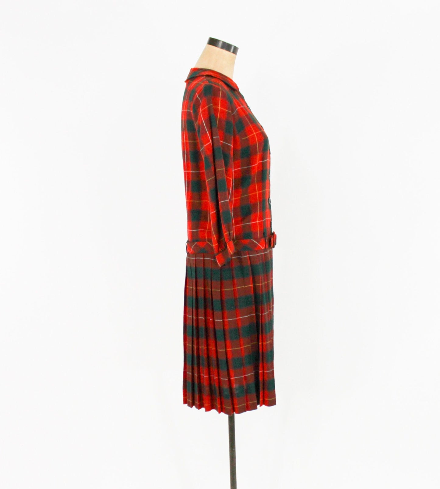 1960s Red Plaid Wool Dress | 60s Plaid Red & Green Dress | Bobbie Brooks | Medium
