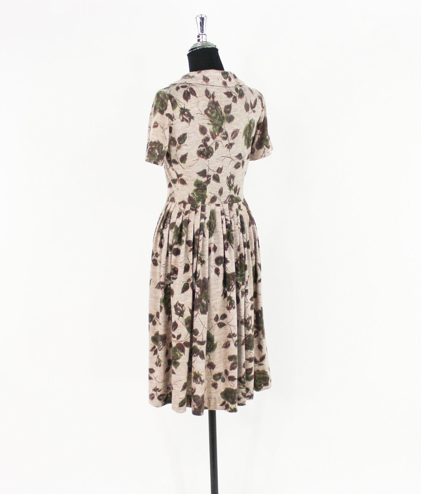 1950s Beige & Brown Floral Print Wool Dress, Small