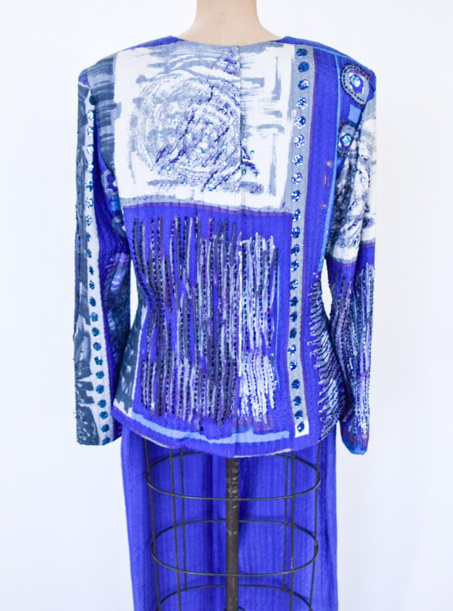 1980s Blue Silk Sequin Pant Set | 80s Purple Silk Evening Pantsuit | ICINOO | Medium