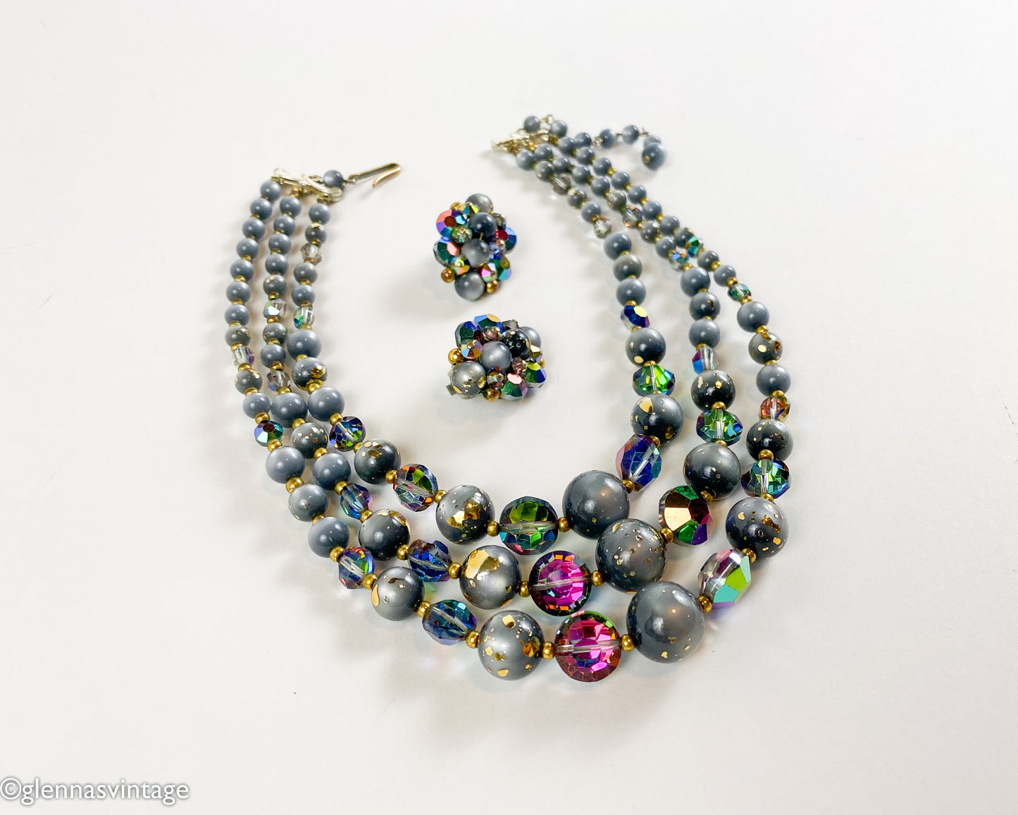 1960s Gray Aurora Borealis Necklace and Clip Earrings Set