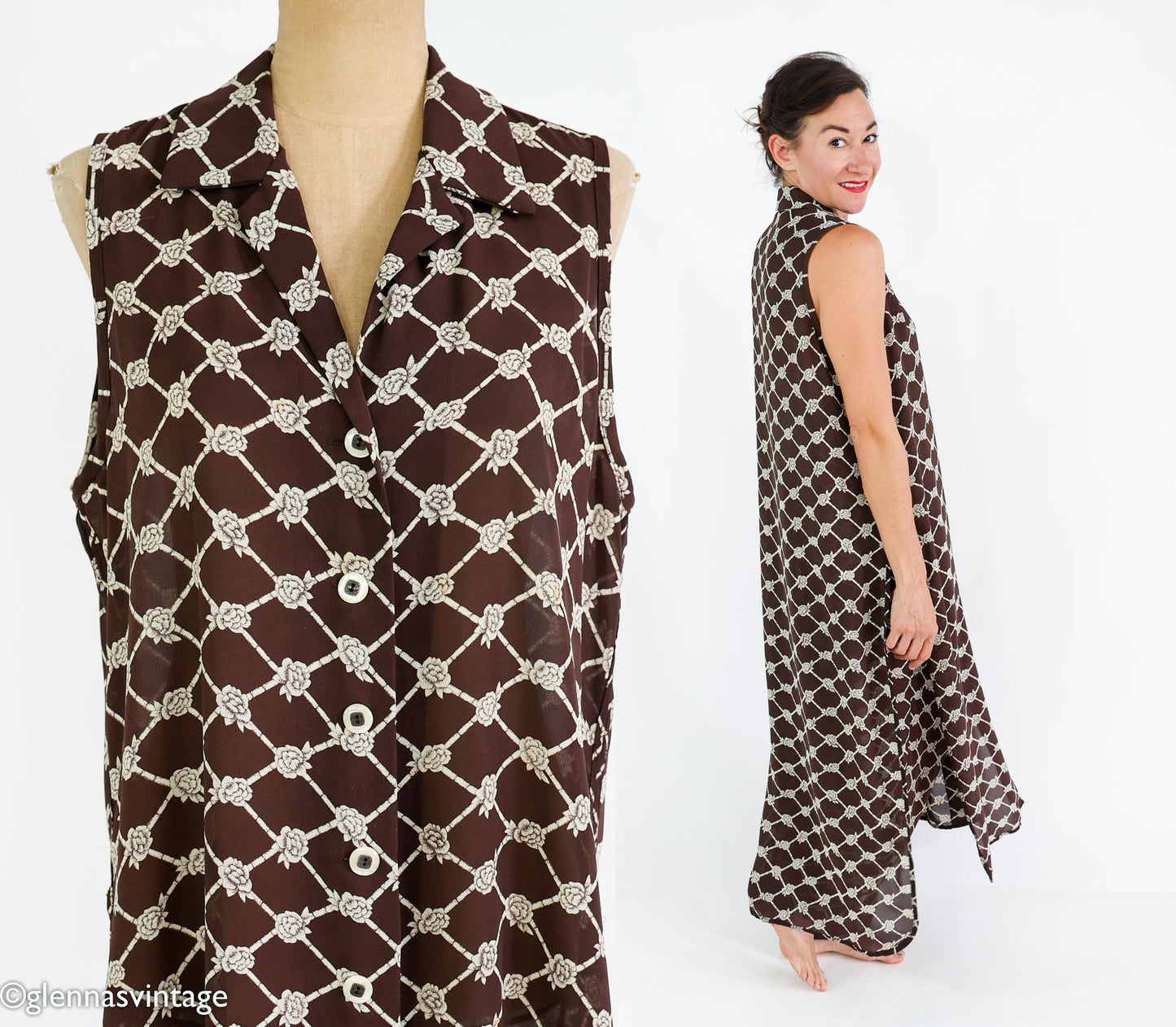 1990s Brown Print Dress & Pants | Sleeveless Dress Pant Set, Large