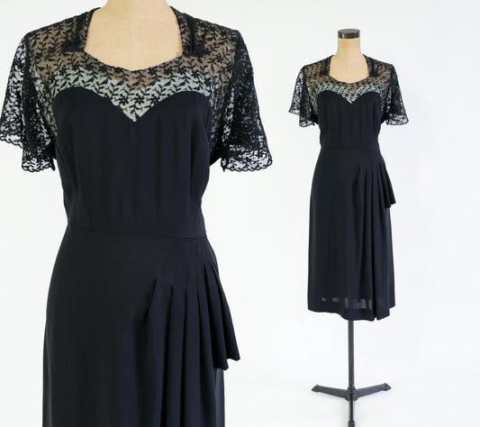 1940s Black Lace Crepe Dress, 34" Waist