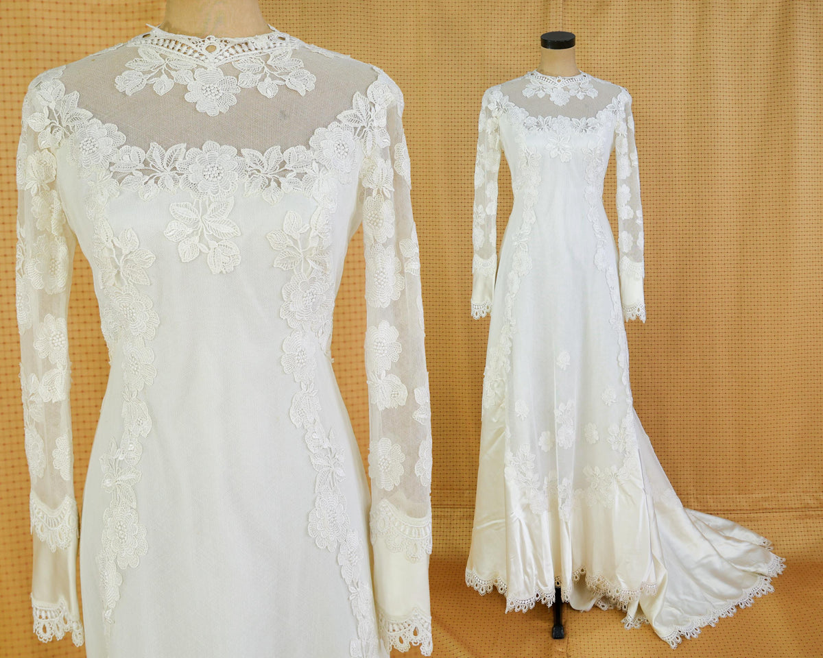 1970s Ivory Lace Wedding Gown | Vintage Wedding Dress & Long Train, Medium