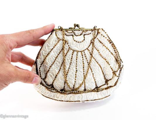 1930s White Silk Beaded Handbag Clutch